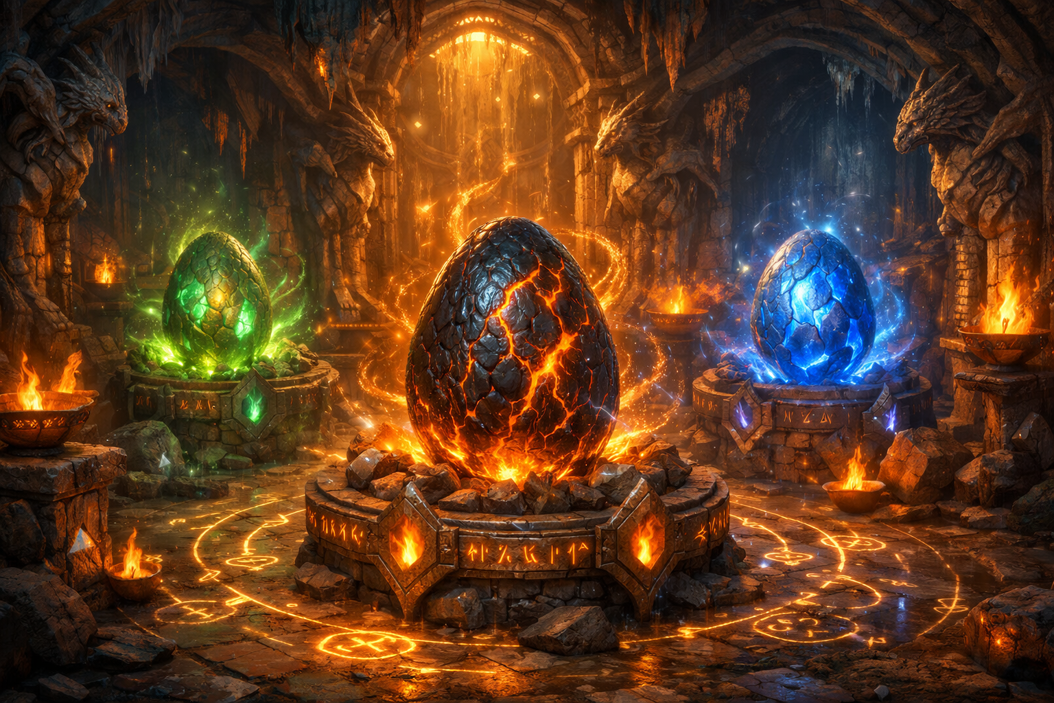 Ancient glowing nursery where dragon eggs are incubated with magic runes