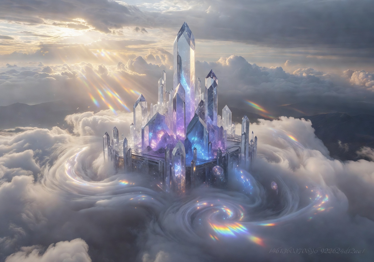 Enchanted high altitude crystal fortress in clouds