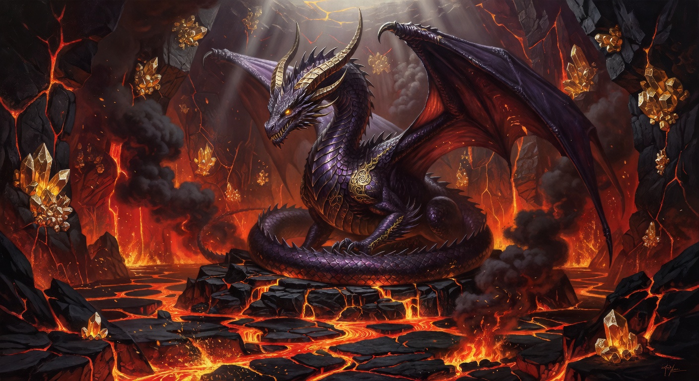 Epic fantasy dragon volcanic chamber painting with dark purple and golden accents