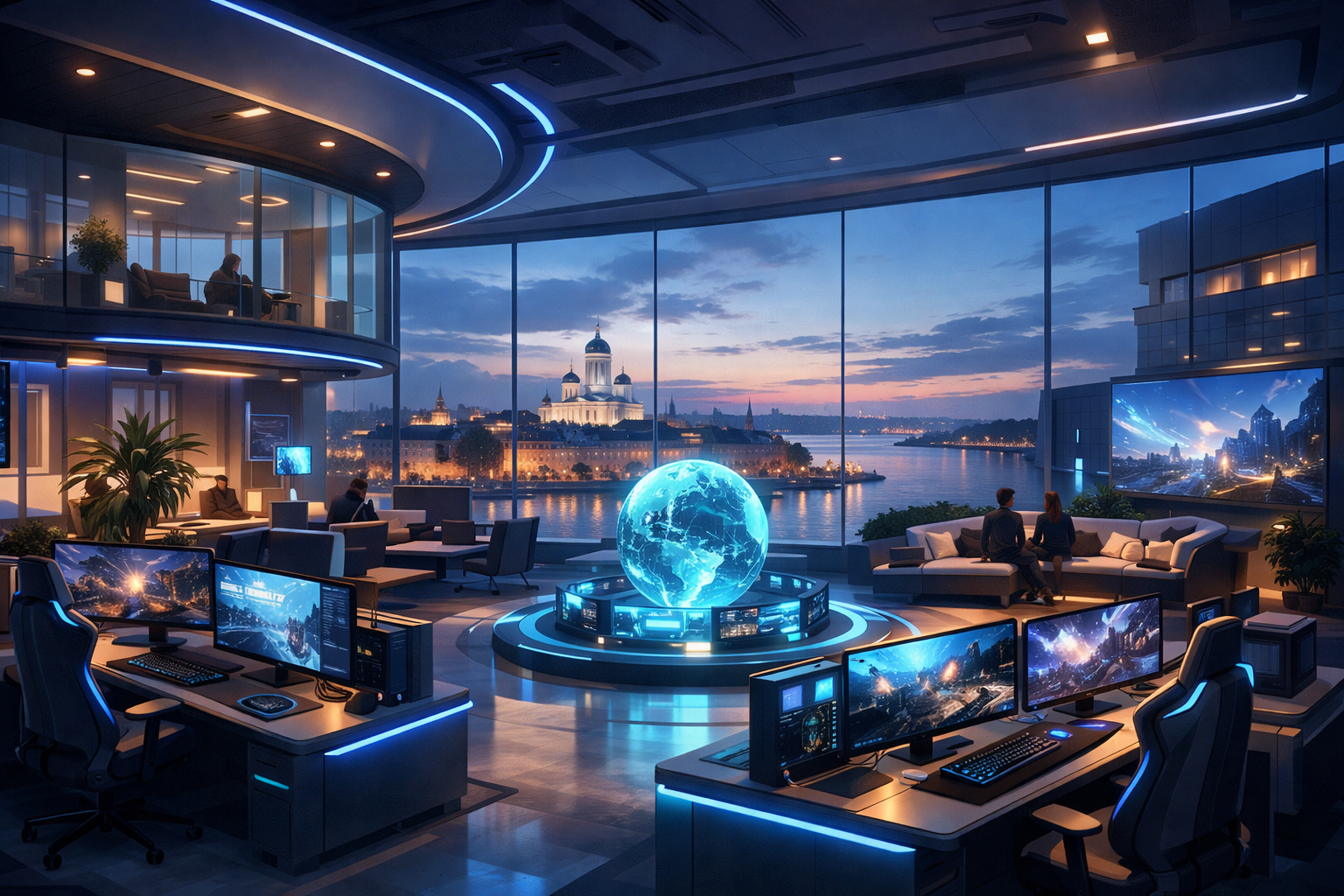 Conceptual painting of a futuristic gaming studio based in Helsinki with soft glowing lights