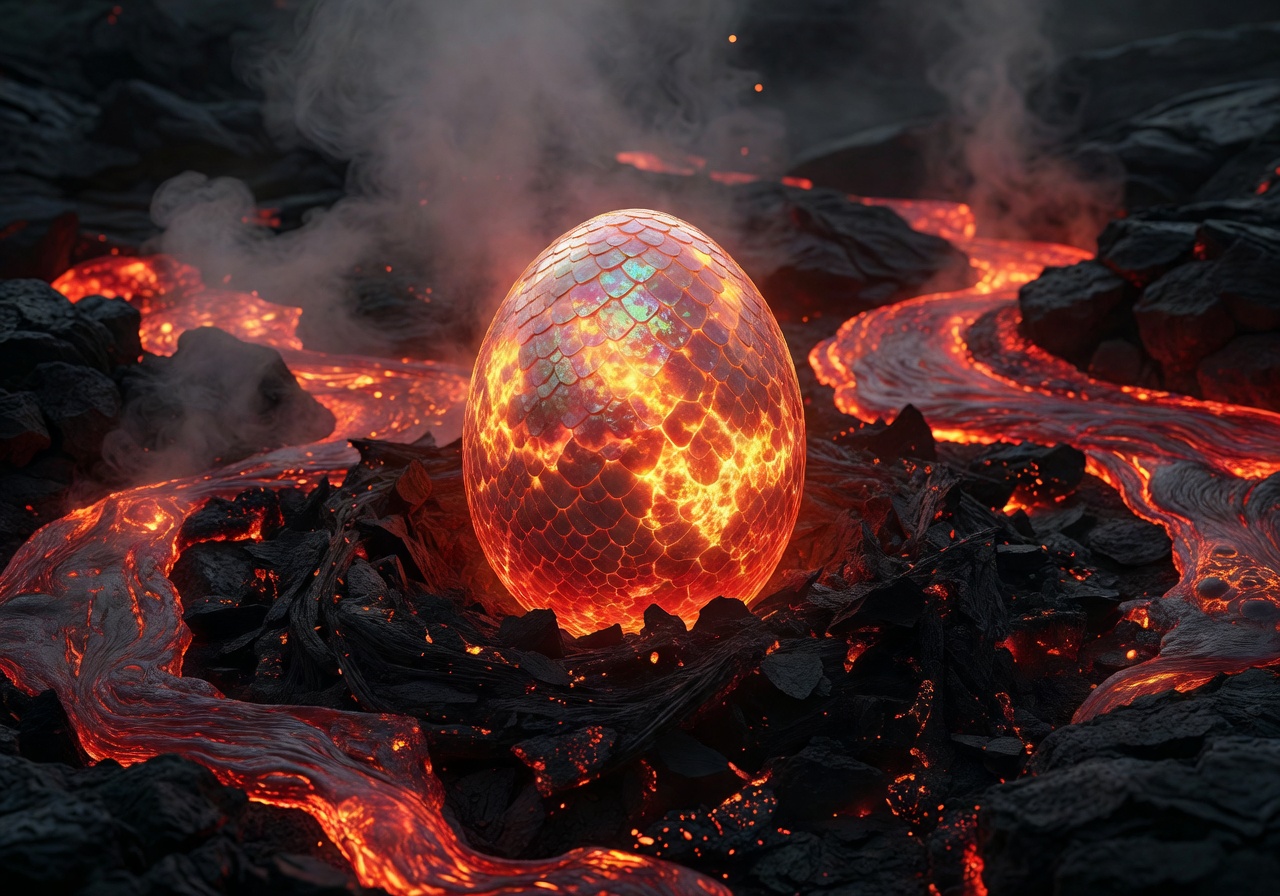 Legendary glowing dragon egg waiting to be hatched in a volcanic nest
