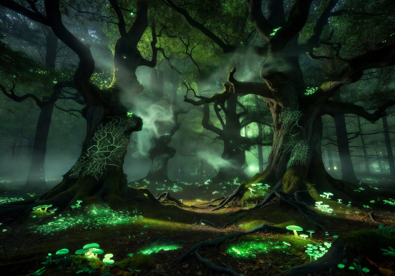 Mysterious forest glowing with green light