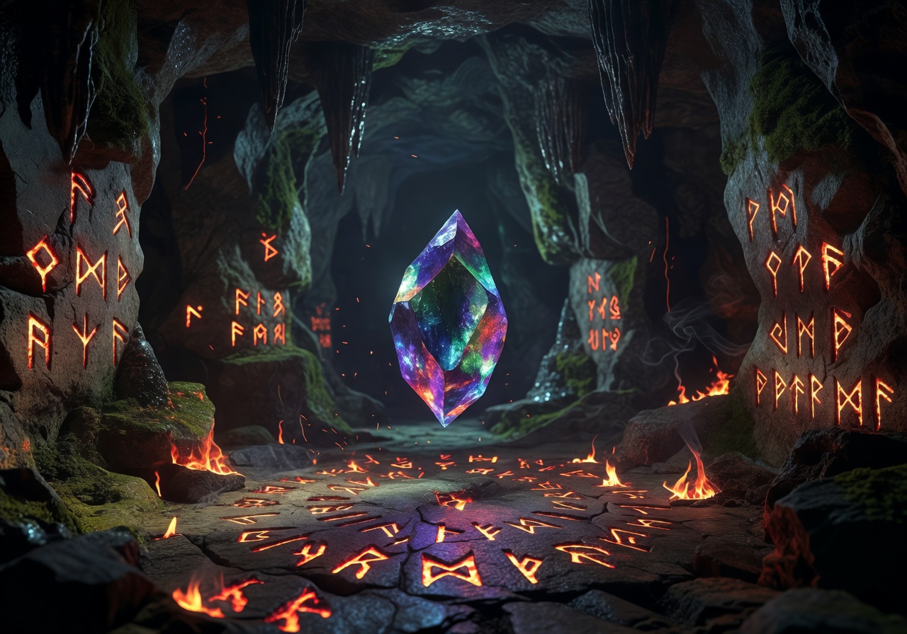 Mysterious magical crystal core and burning runes in ancient cavern