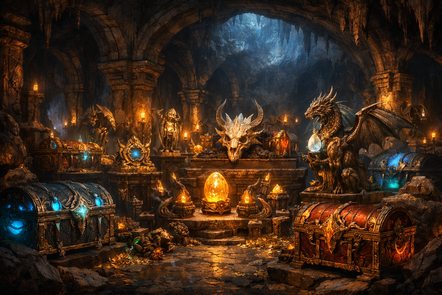 A subterranean cavernous vault hall storing glowing chests, relics, and dragon artifacts