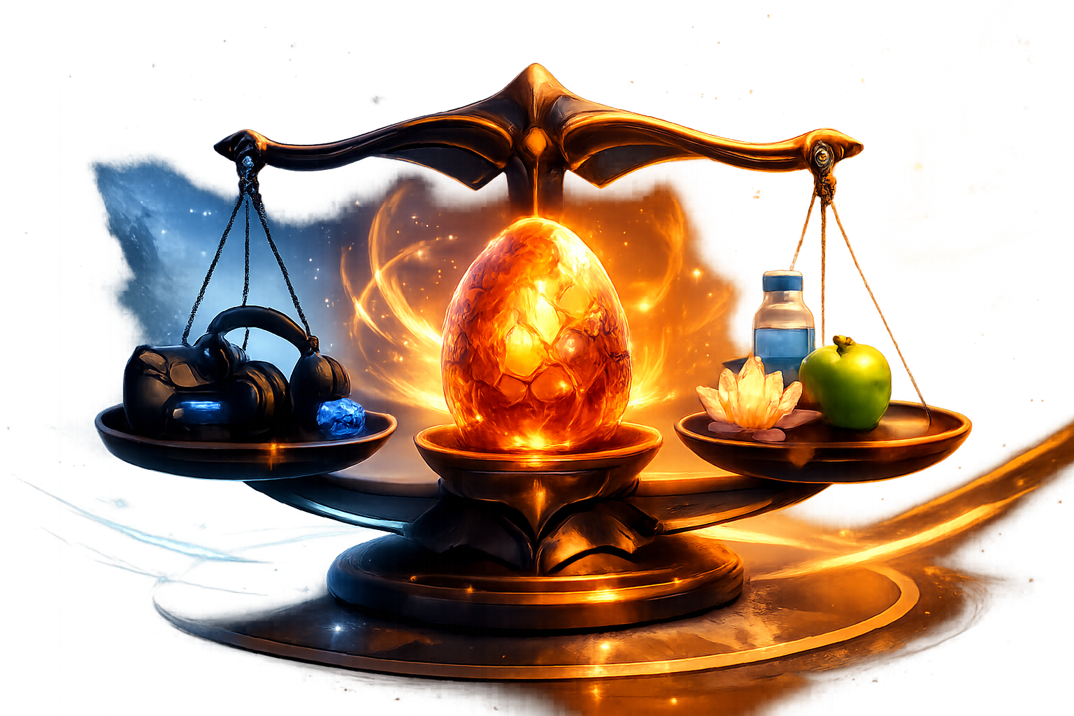 Decorative graphic representing balance and healthy gaming with abstract scales and a glowing dragon egg